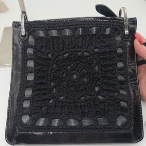 Brighton Black Patent Leather Crochet Square Crossbody Bag Handcrafted LA